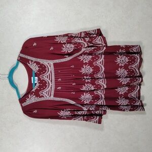 2/$10 04100 Ivy Jane wine w/ tan embroidery bell sleeve blouse XS